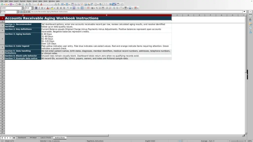 Preview of the Instructions sheet in Free Accounts Receivable Aging Medical Practice Excel Template 2026