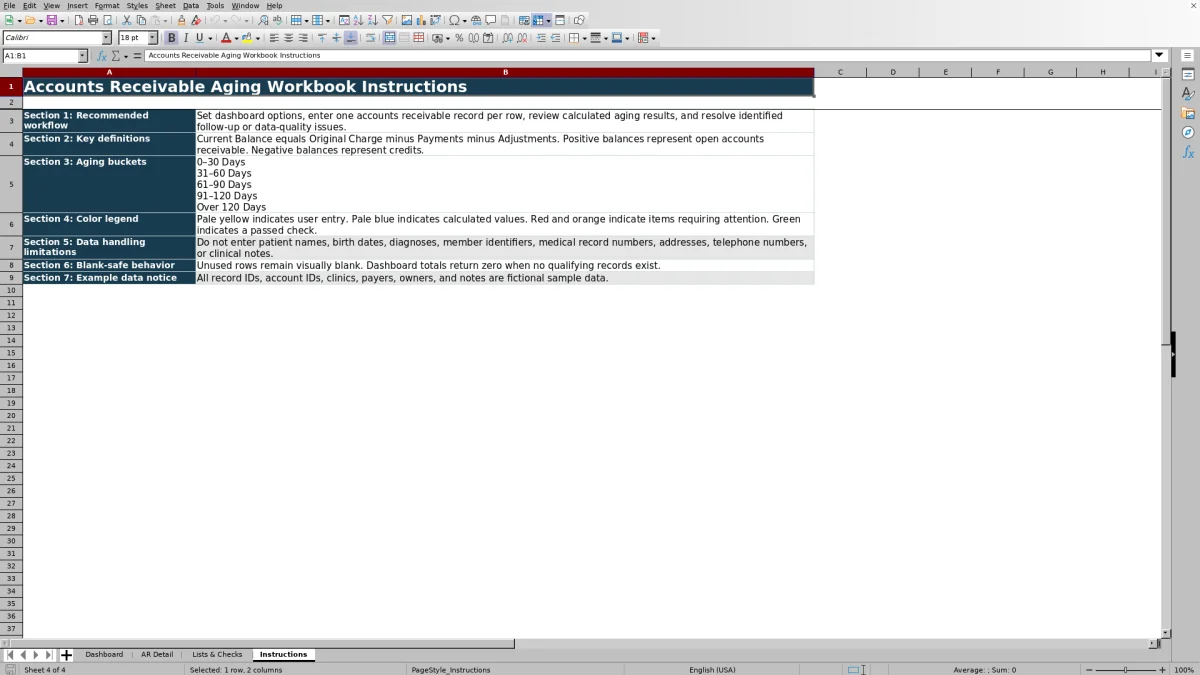 Capture 4 : feuille Instructions — accounts receivable aging medical practice excel