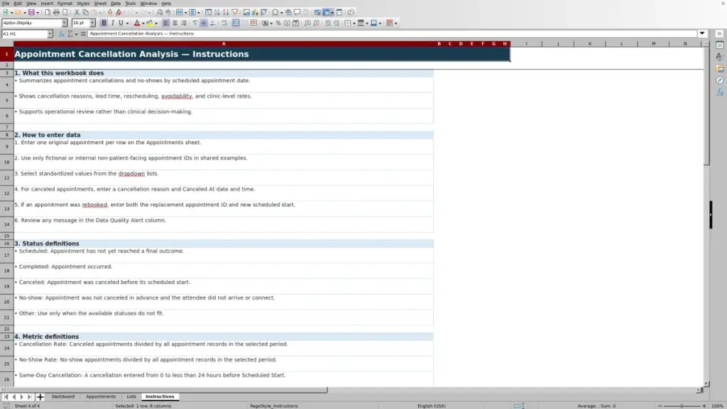 Preview of the Instructions sheet in Appointment Cancellation Analysis Spreadsheet — Free Excel Template 2026