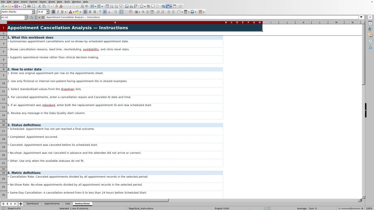 Capture 4 : feuille Instructions — appointment cancellation analysis spreadsheet