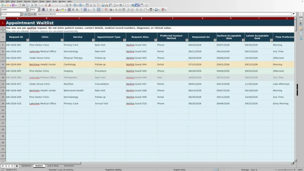 Preview of the Waitlist sheet in Free Appointment Waitlist Template for Excel 2026