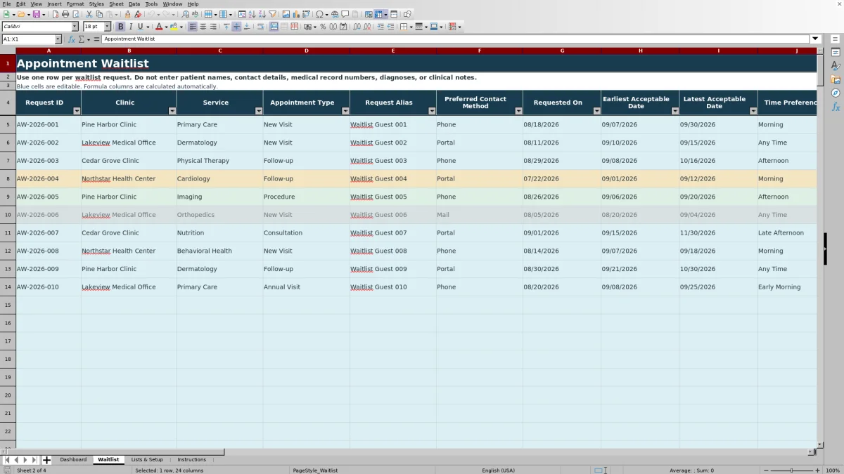 Capture 2 : feuille Waitlist — appointment waitlist template