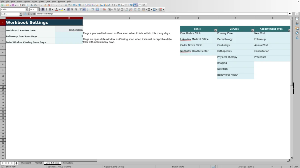 Capture 3 : feuille Lists & Setup — appointment waitlist template