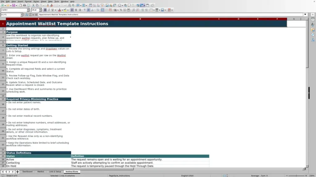 Preview of the Instructions sheet in Free Appointment Waitlist Template for Excel 2026