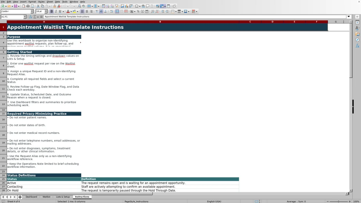 Capture 4 : feuille Instructions — appointment waitlist template