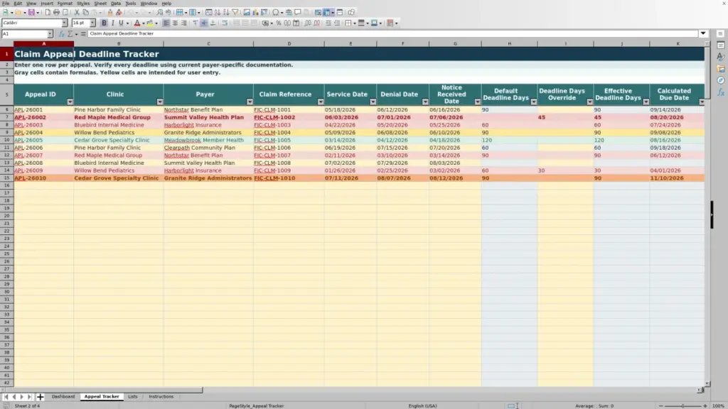 Preview of the Appeal Tracker sheet in Free Claim Appeal Deadline Tracker Excel Template 2026