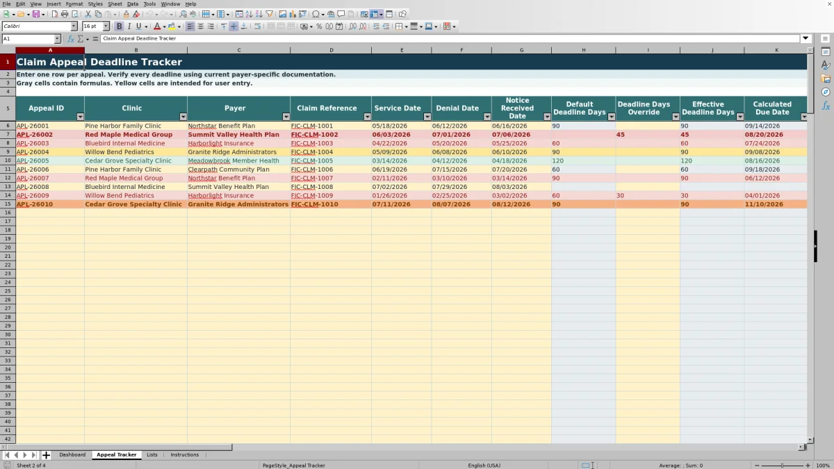 Capture 2 : feuille Appeal Tracker — claim appeal deadline tracker excel