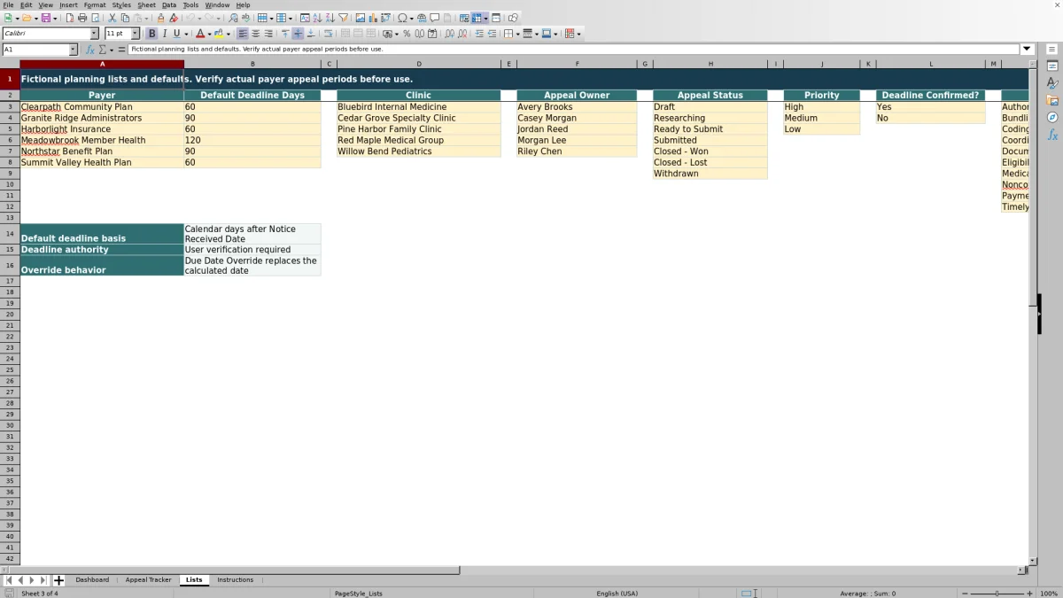 Capture 3 : feuille Lists — claim appeal deadline tracker excel