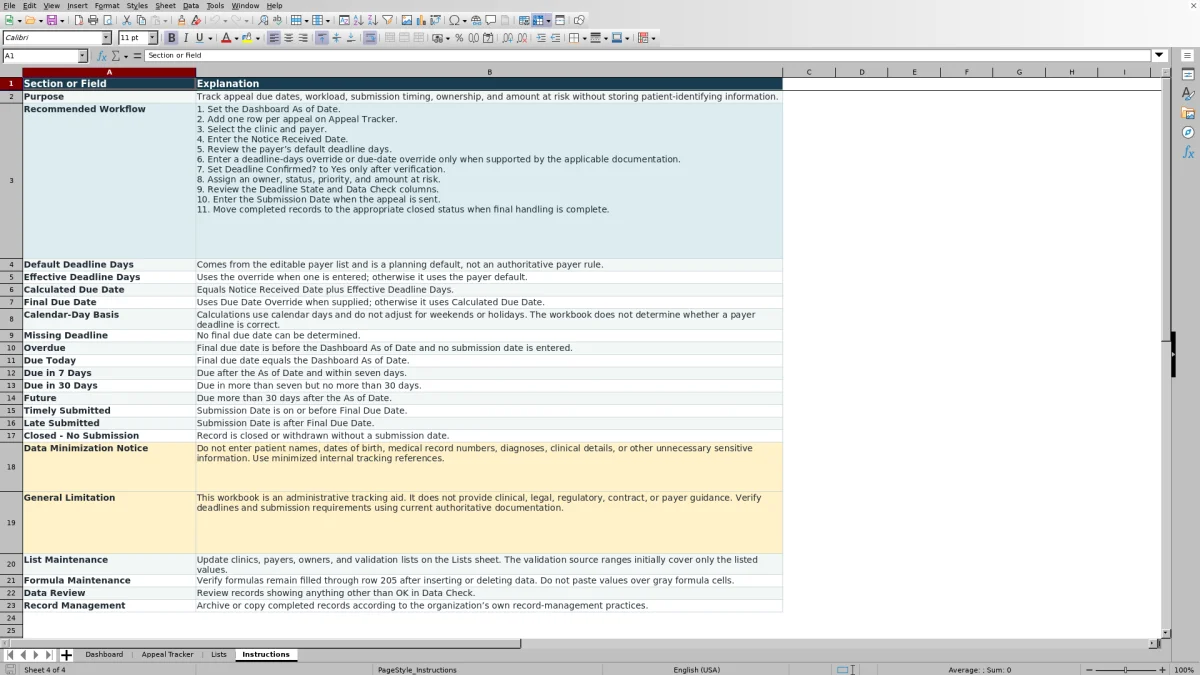 Capture 4 : feuille Instructions — claim appeal deadline tracker excel