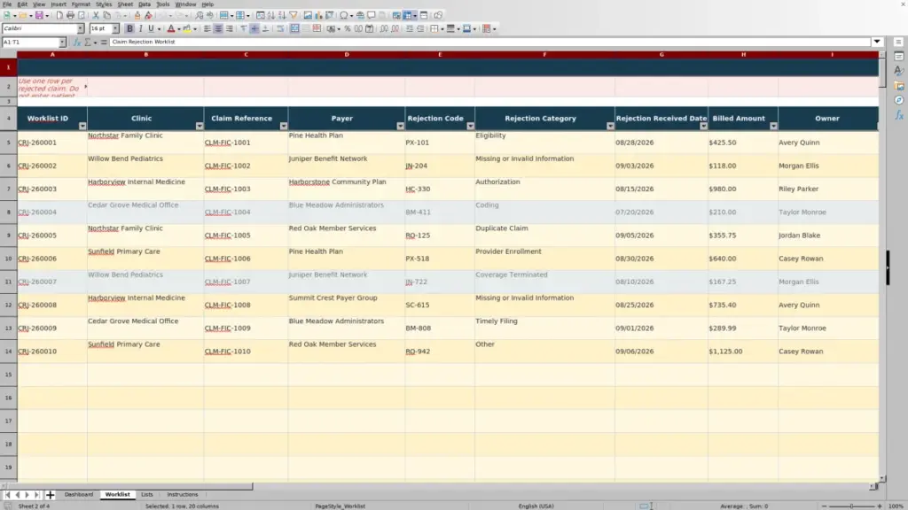 Preview of the Worklist sheet in Free Claim Rejection Worklist Excel Template 2026