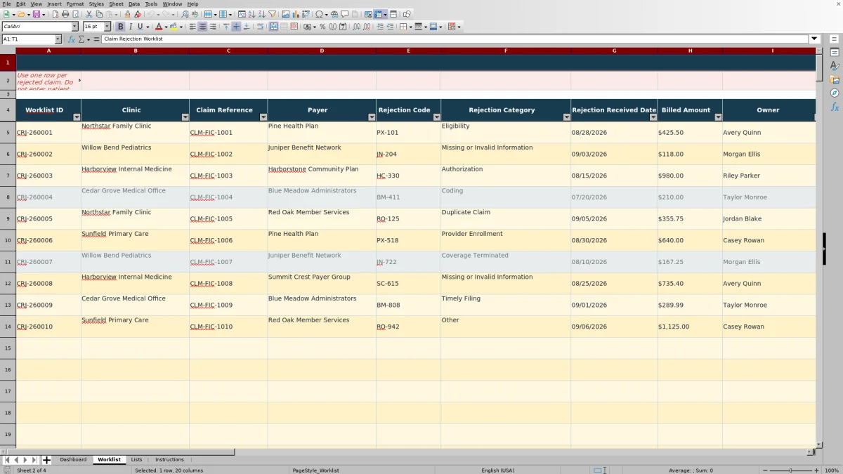 Capture 2 : feuille Worklist — claim rejection worklist excel