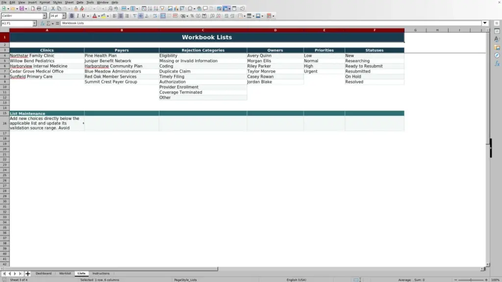 Preview of the Lists sheet in Free Claim Rejection Worklist Excel Template 2026
