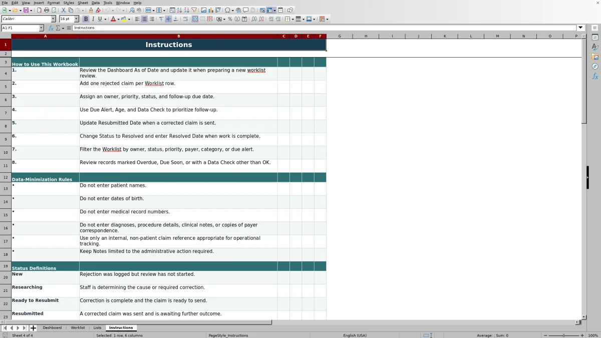 Capture 4 : feuille Instructions — claim rejection worklist excel
