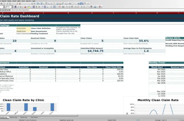 Capture 1 : feuille Dashboard — clean claim rate dashboard excel