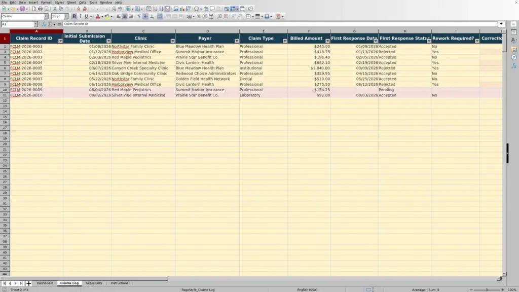 Preview of the Claims Log sheet in Free Clean Claim Rate Dashboard Excel Template 2026