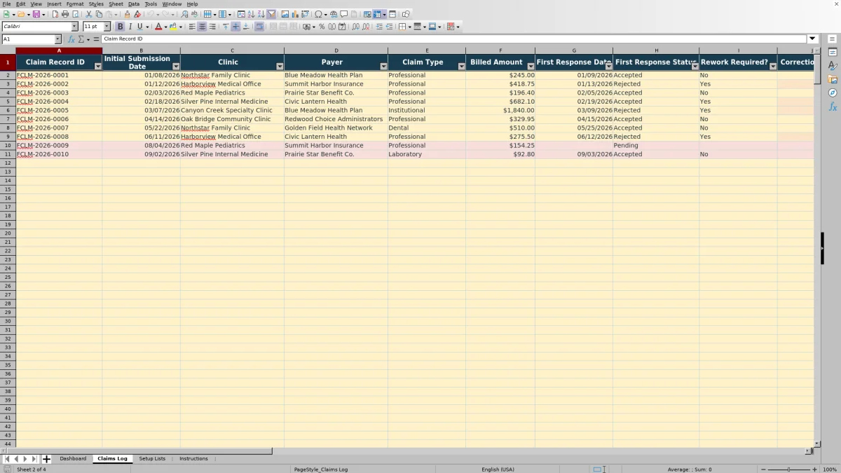 Capture 2 : feuille Claims Log — clean claim rate dashboard excel
