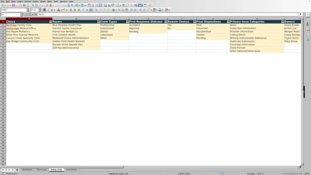 Preview of the Setup Lists sheet in Free Clean Claim Rate Dashboard Excel Template 2026