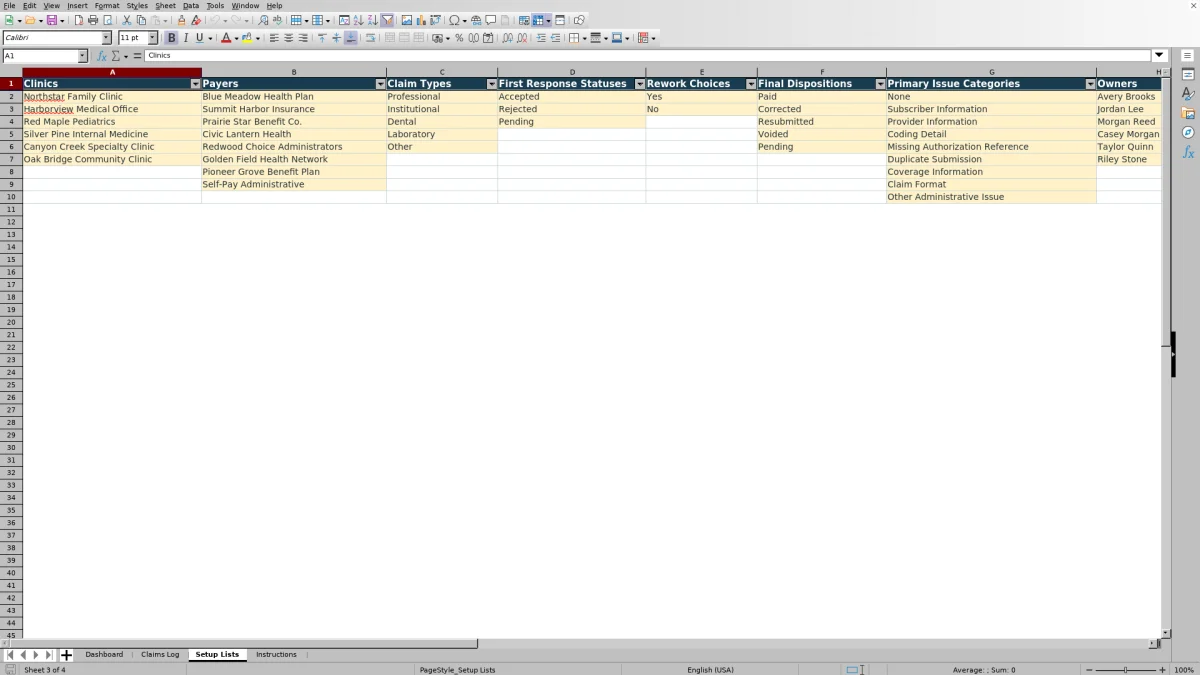 Capture 3 : feuille Setup Lists — clean claim rate dashboard excel