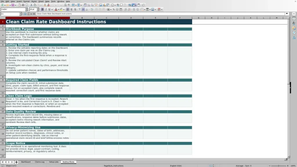 Preview of the Instructions sheet in Free Clean Claim Rate Dashboard Excel Template 2026