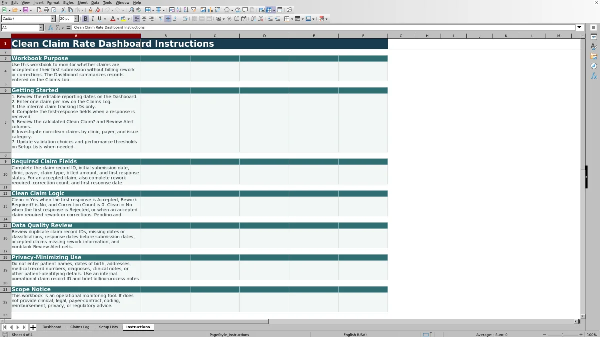 Capture 4 : feuille Instructions — clean claim rate dashboard excel