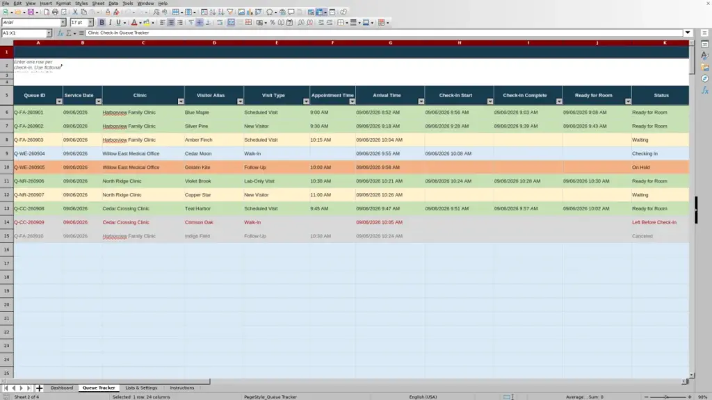 Preview of the Queue Tracker sheet in Free Clinic Check In Queue Tracker Excel Template 2026