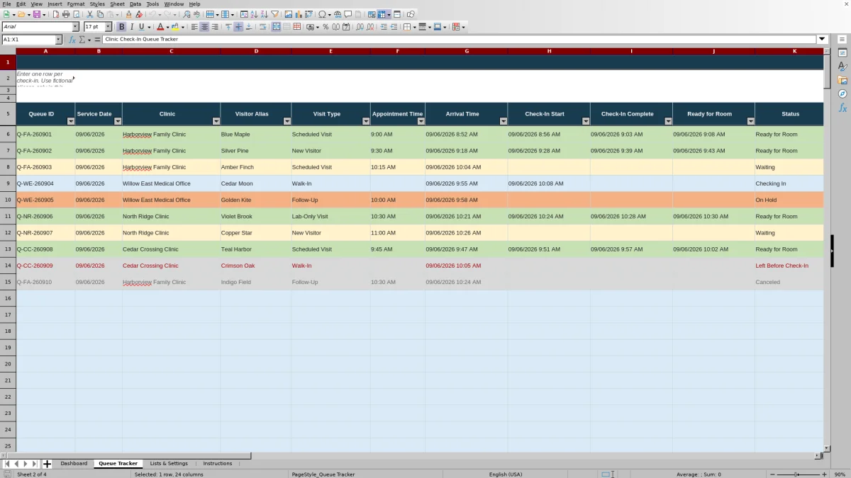 Capture 2 : feuille Queue Tracker — clinic check in queue tracker excel