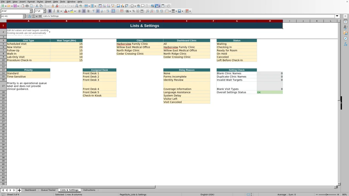 Capture 3 : feuille Lists & Settings — clinic check in queue tracker excel