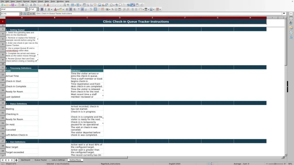 Preview of the Instructions sheet in Free Clinic Check In Queue Tracker Excel Template 2026