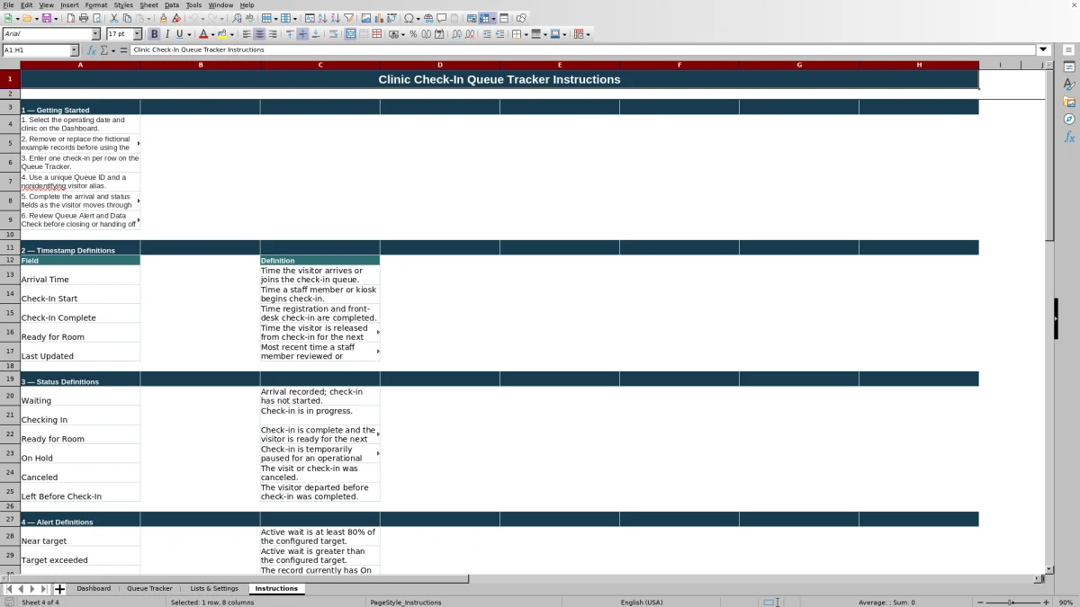 Capture 4 : feuille Instructions — clinic check in queue tracker excel