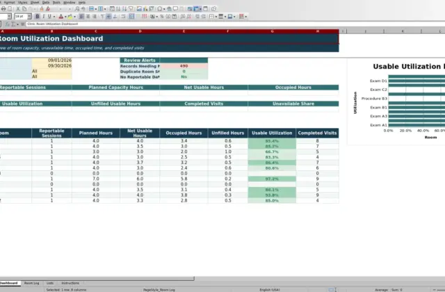 Capture 1 : feuille Dashboard — clinic room utilization spreadsheet