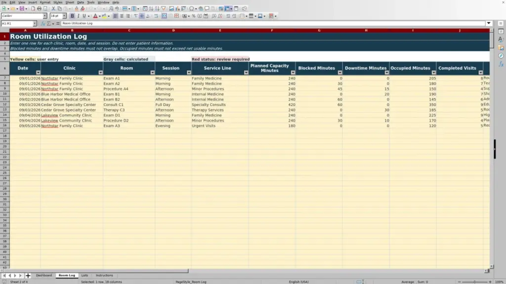 Preview of the Room Log sheet in Free Clinic Room Utilization Spreadsheet Excel Template 2026