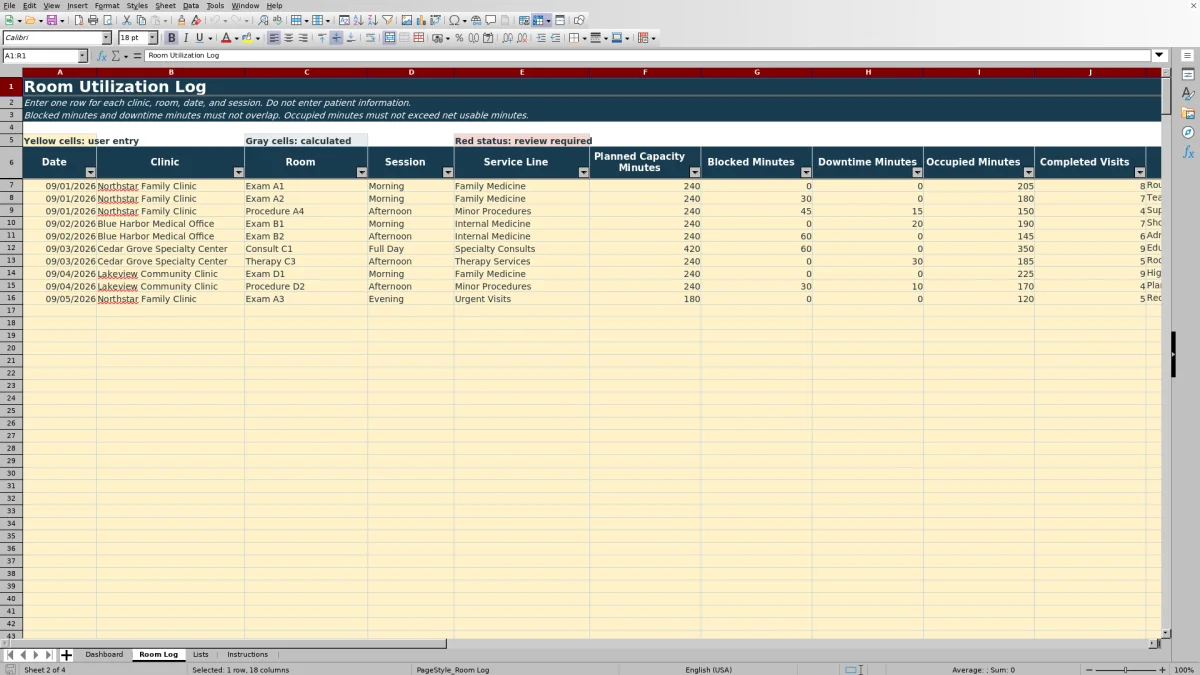 Capture 2 : feuille Room Log — clinic room utilization spreadsheet