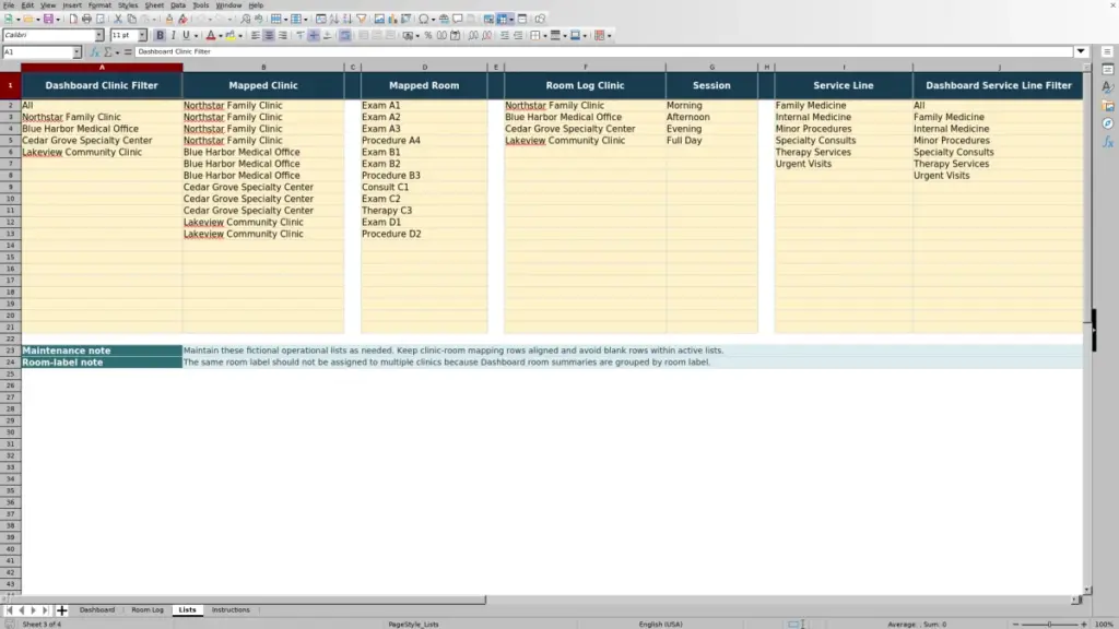 Preview of the Lists sheet in Free Clinic Room Utilization Spreadsheet Excel Template 2026