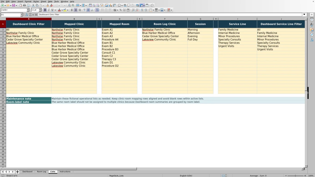Capture 3 : feuille Lists — clinic room utilization spreadsheet
