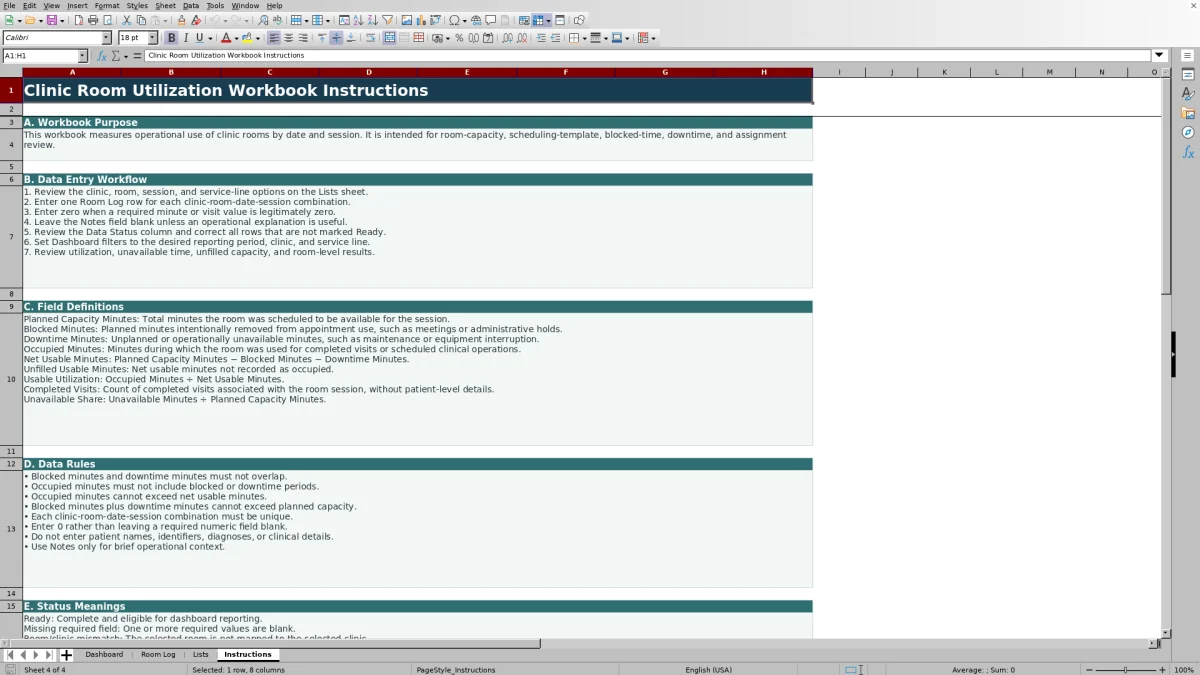 Capture 4 : feuille Instructions — clinic room utilization spreadsheet