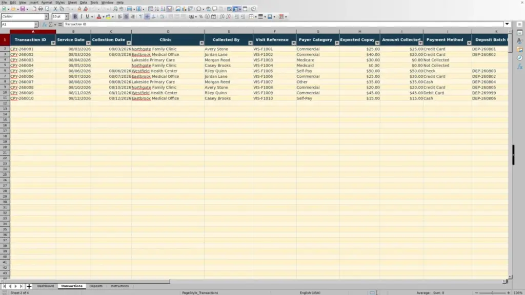 Preview of the Transactions sheet in Copay Collection Reconciliation Excel 2026 Free Template