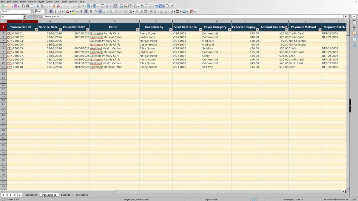Capture 2 : feuille Transactions — copay collection reconciliation excel