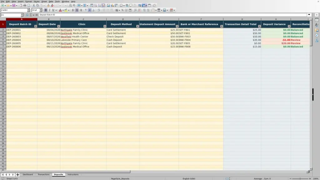 Preview of the Deposits sheet in Copay Collection Reconciliation Excel 2026 Free Template
