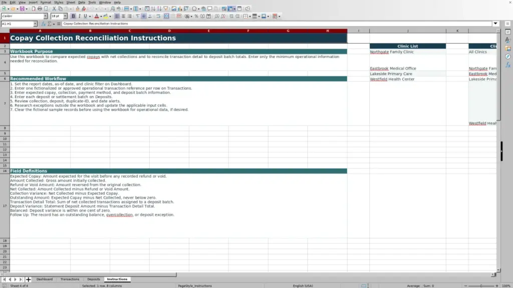 Preview of the Instructions sheet in Copay Collection Reconciliation Excel 2026 Free Template