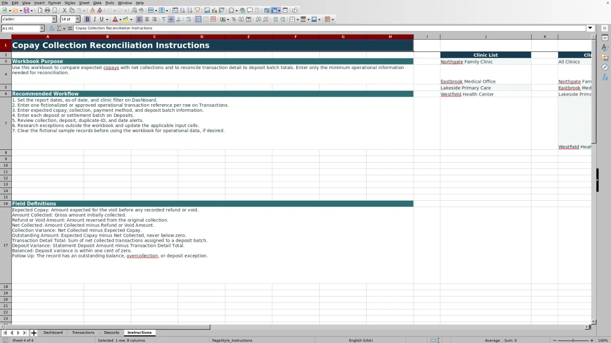 Capture 4 : feuille Instructions — copay collection reconciliation excel