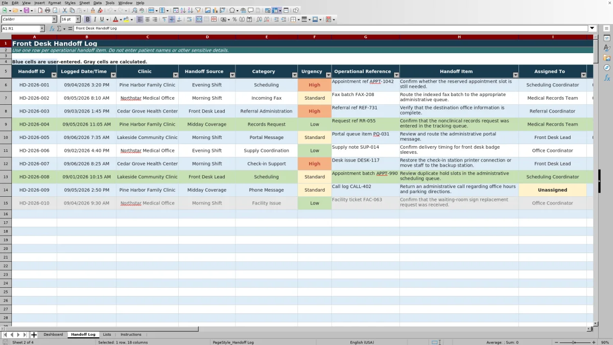 Capture 2 : feuille Handoff Log — front desk handoff log excel