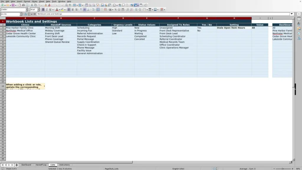 Preview of the Lists sheet in Free Front Desk Handoff Log Excel Template 2026