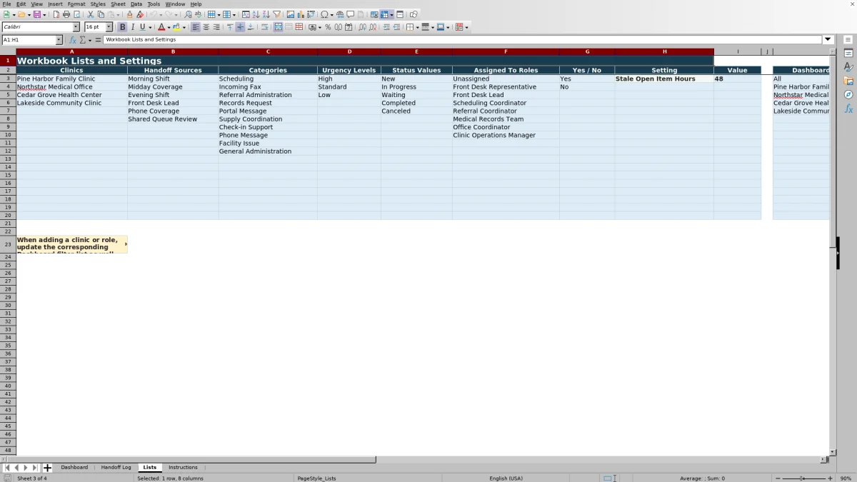 Capture 3 : feuille Lists — front desk handoff log excel