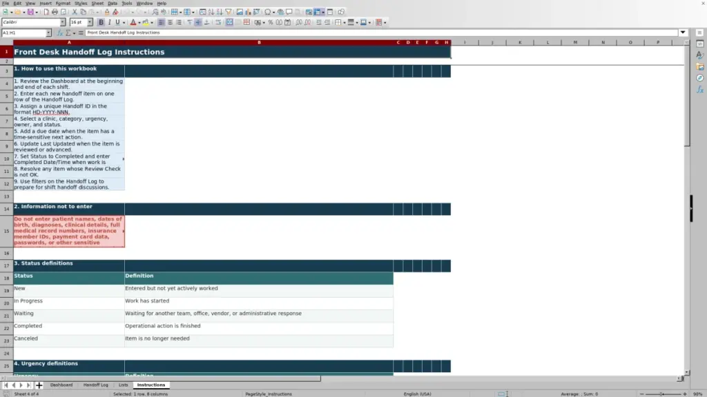 Preview of the Instructions sheet in Free Front Desk Handoff Log Excel Template 2026