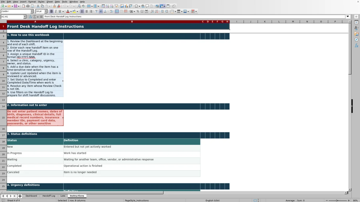 Capture 4 : feuille Instructions — front desk handoff log excel