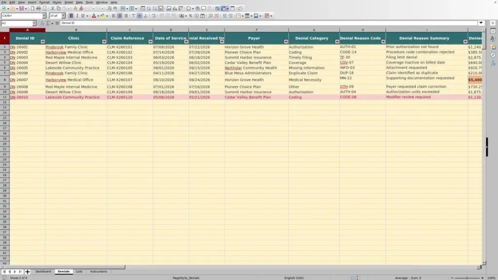 Preview of the Denials sheet in Free Insurance Denial Tracker Excel Template 2026