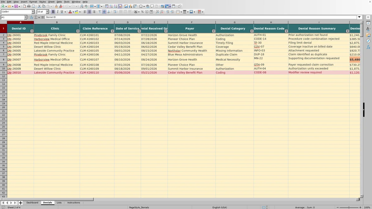 Capture 2 : feuille Denials — insurance denial tracker excel