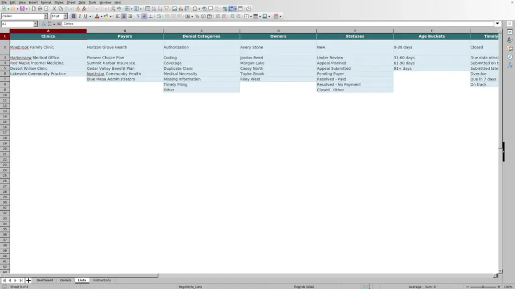 Preview of the Lists sheet in Free Insurance Denial Tracker Excel Template 2026