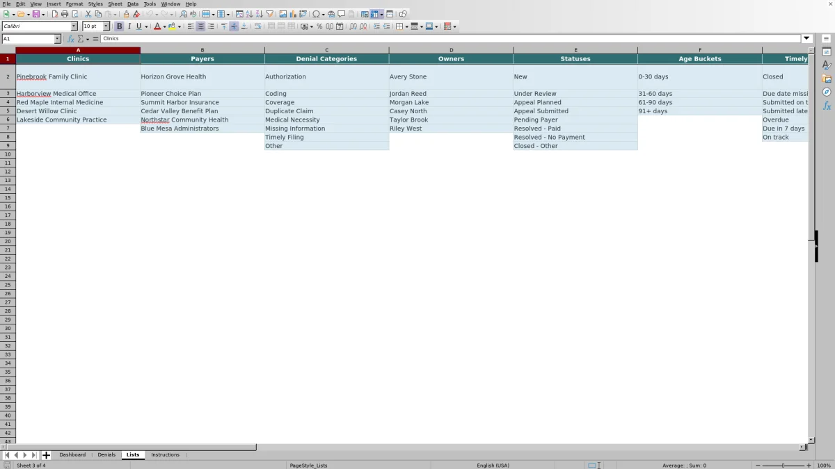 Capture 3 : feuille Lists — insurance denial tracker excel