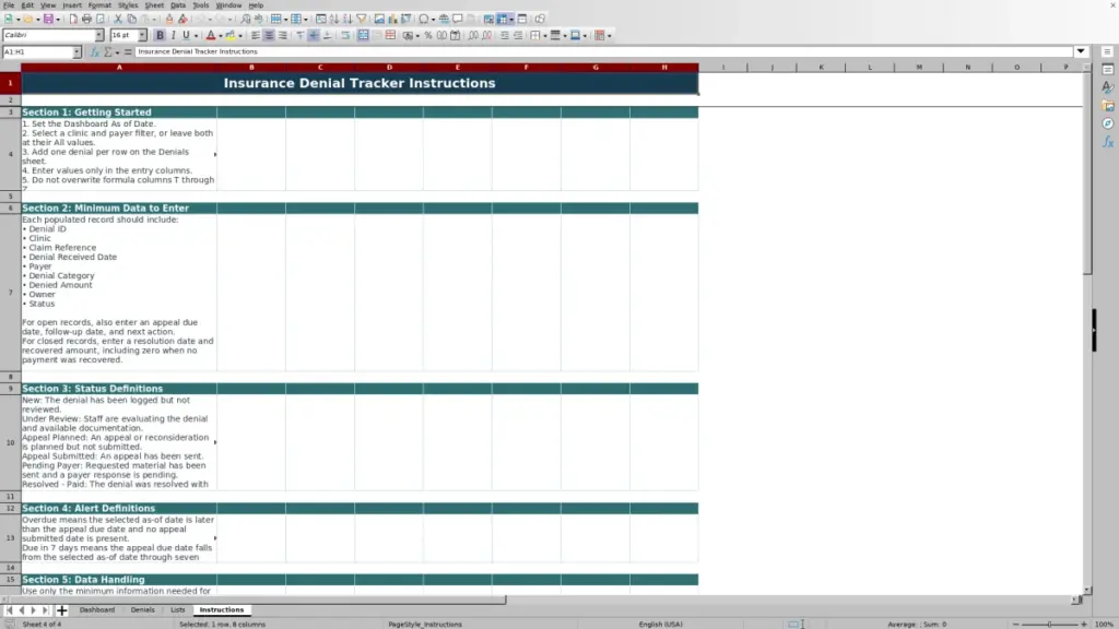 Preview of the Instructions sheet in Free Insurance Denial Tracker Excel Template 2026